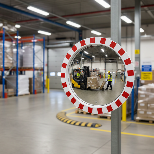 Premium High-Performance Traffic Mirror with Red and White Frame for Enhanced Visibility and... - side view | britanniasafety.uk