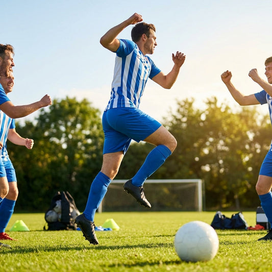 Men's striped football kit with shirt, shorts, and socks - product detail