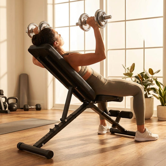 Adjustable weight bench with black steel frame and leather padding - product detail