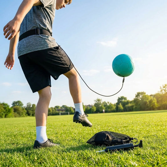 Football kick trainer with adjustable neoprene belt and training ball - product detail