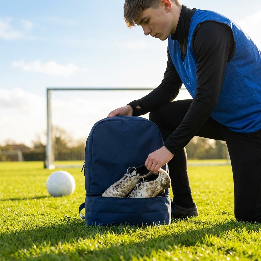 Sports backpack with boot compartment in black or navy