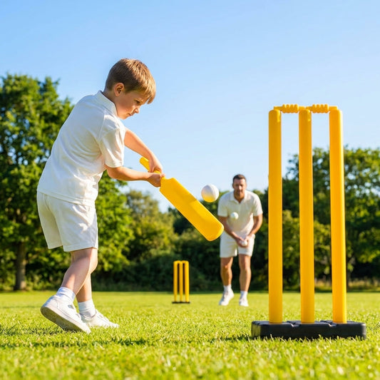 Plastic Cricket Stumps in vibrant yellow with base and bails - product detail