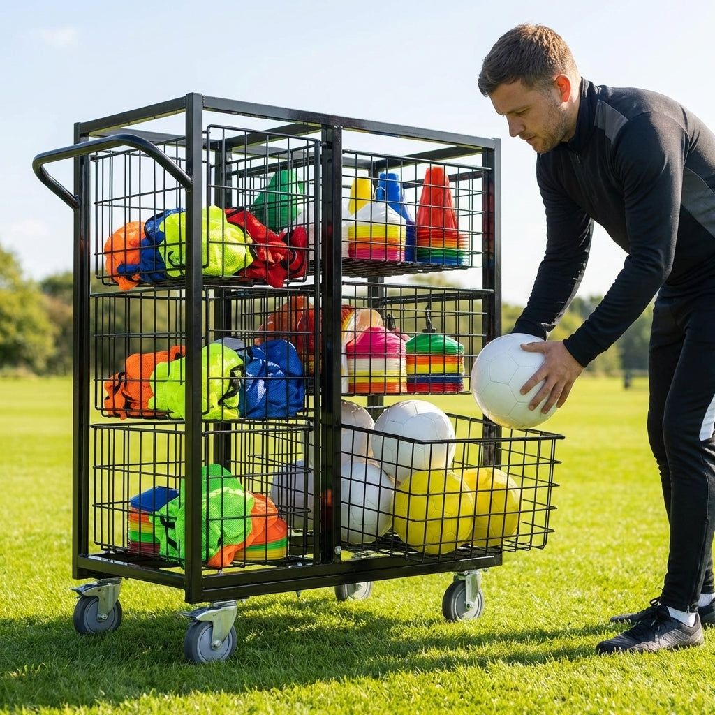 Black Steel Sports Storage Trolley with Ergonomic Handle