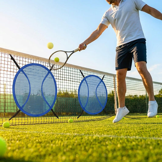 Tennis Net Targets in blue and green attached to a net - product detail