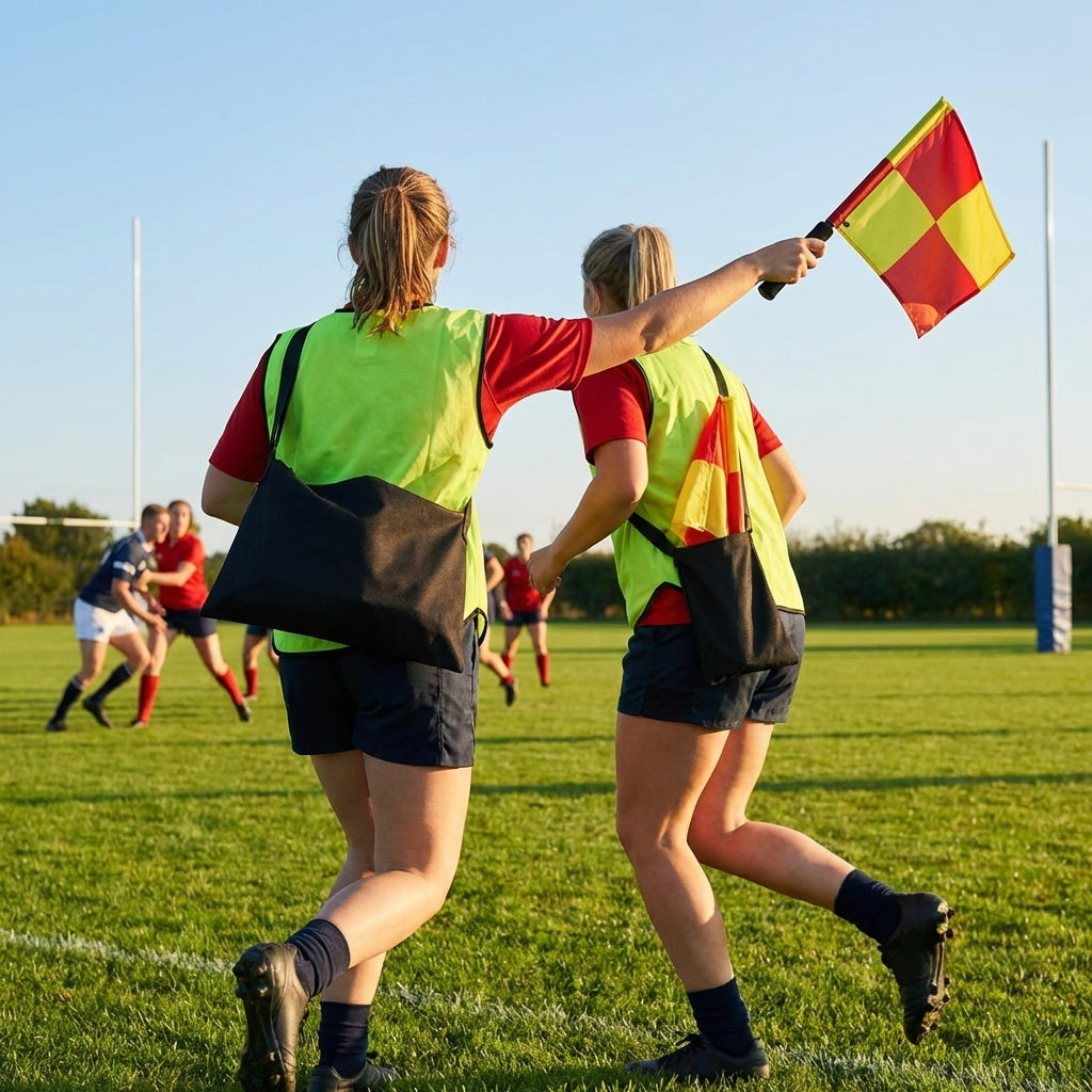 Rugby linesman flags with red and yellow checkered design and soft grip handles - product detail