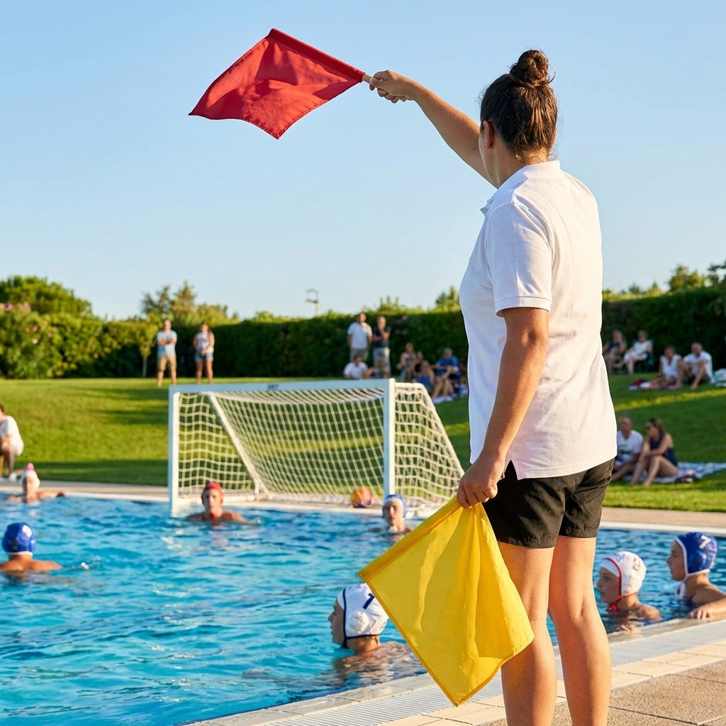 Water polo referee flags in red, yellow, white, and blue with PVC poles - product detail