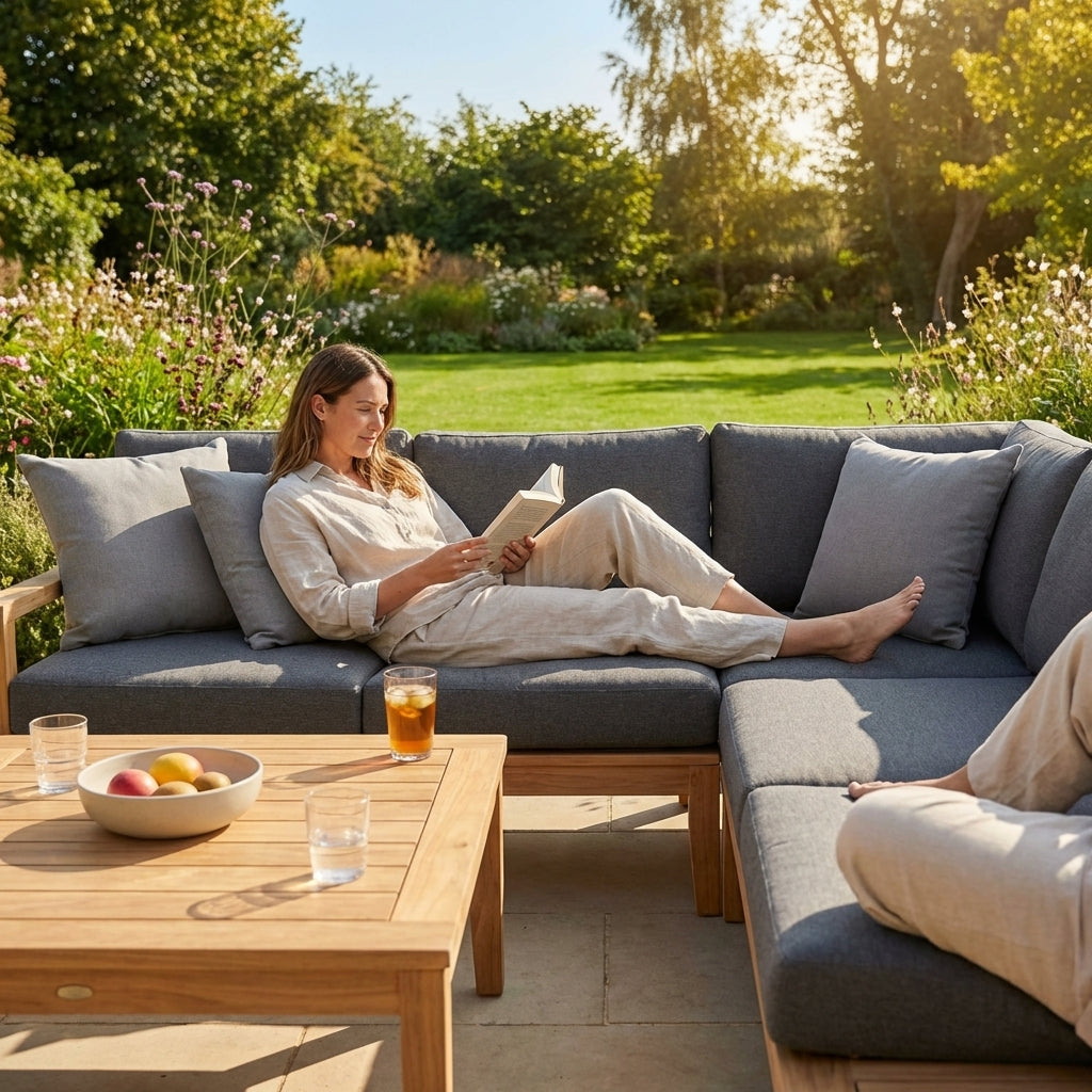 Garden corner sofa set with charcoal cushions and teak table - product detail