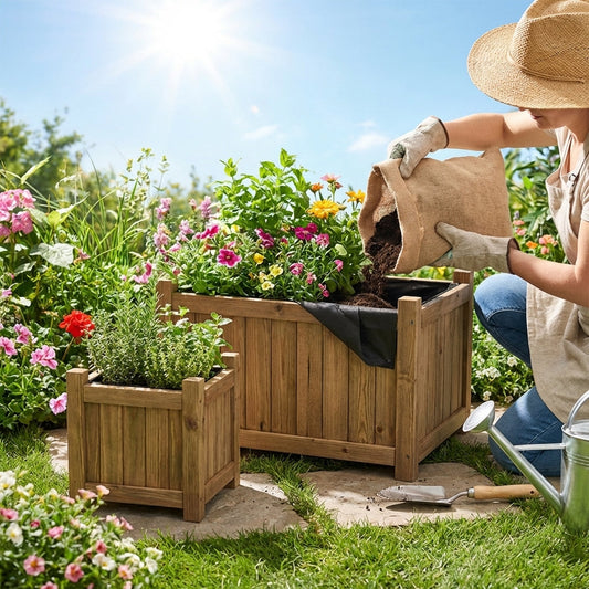 Wooden garden planters in small and large sizes, made from pressure-treated wood for outdoor use. - product detail