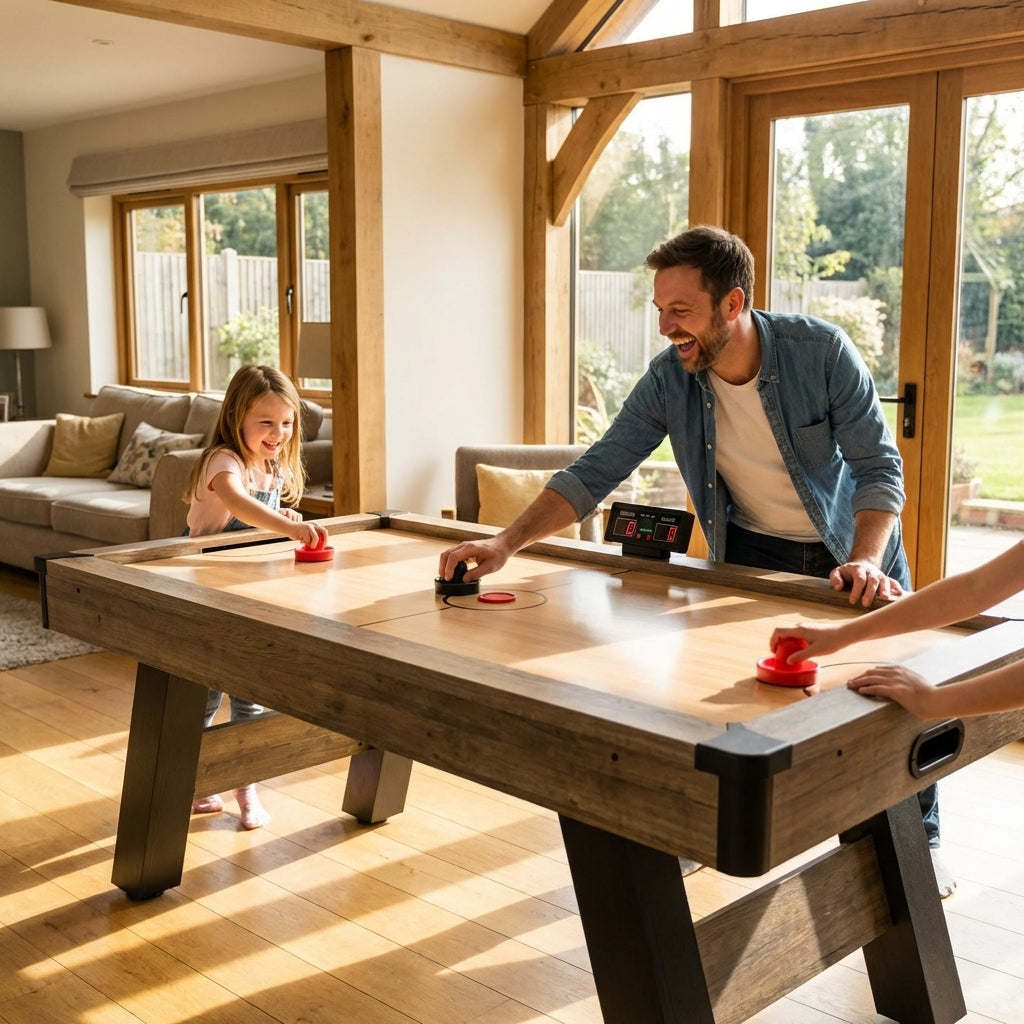 Air Hockey Table with a wooden finish and digital scoreboard
