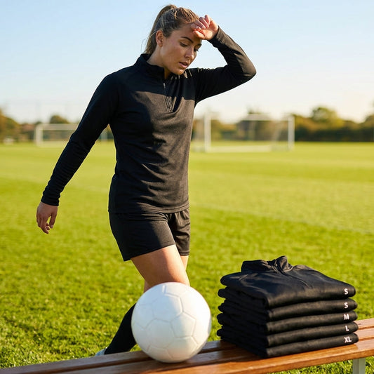 Black quarter-zip top made from lightweight polyester for indoor and outdoor use - product detail