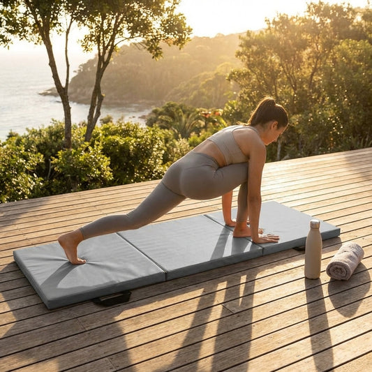 Tri-Folding Yoga Mat in Blue with PU Leather and PE Cotton - product detail