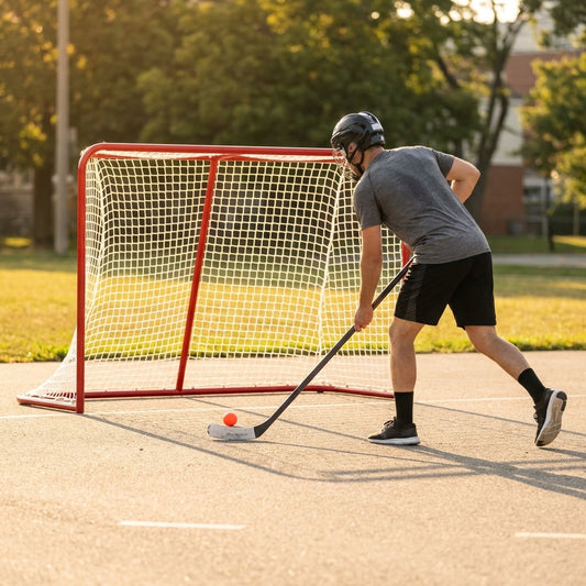 Street hockey goal with galvanised steel frame and red finish - product detail