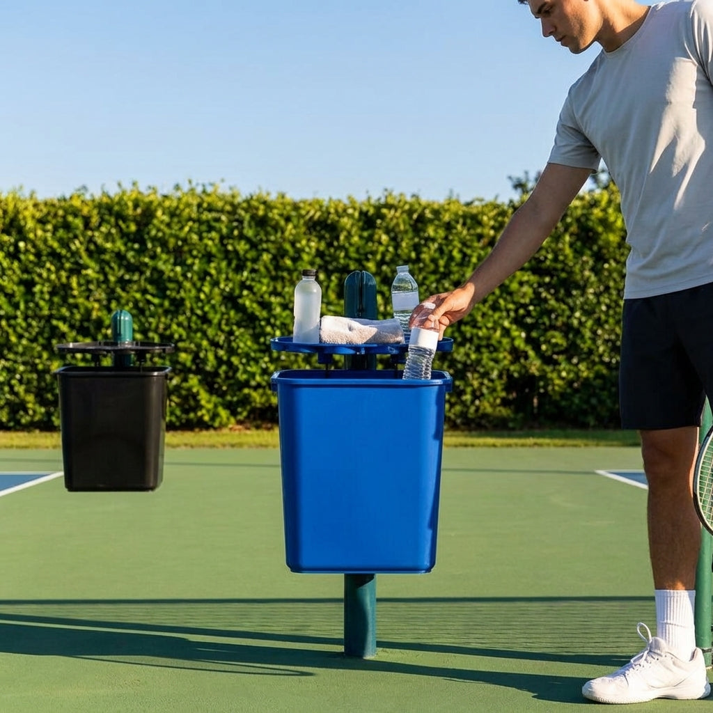 Tennis Court Bin & Shelf in Green, Black, or Blue made from PVC and Aluminium