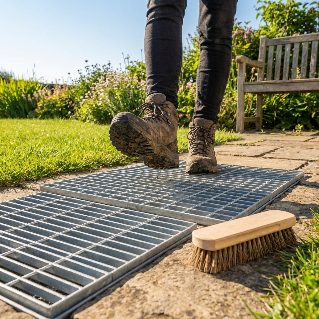 Galvanised steel foot grate for sports pitches and courts
