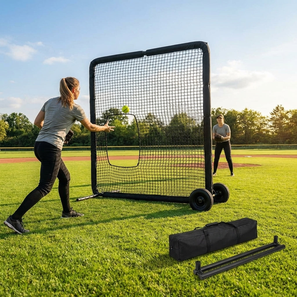 Softball pitching screen with steel frame and foam padding