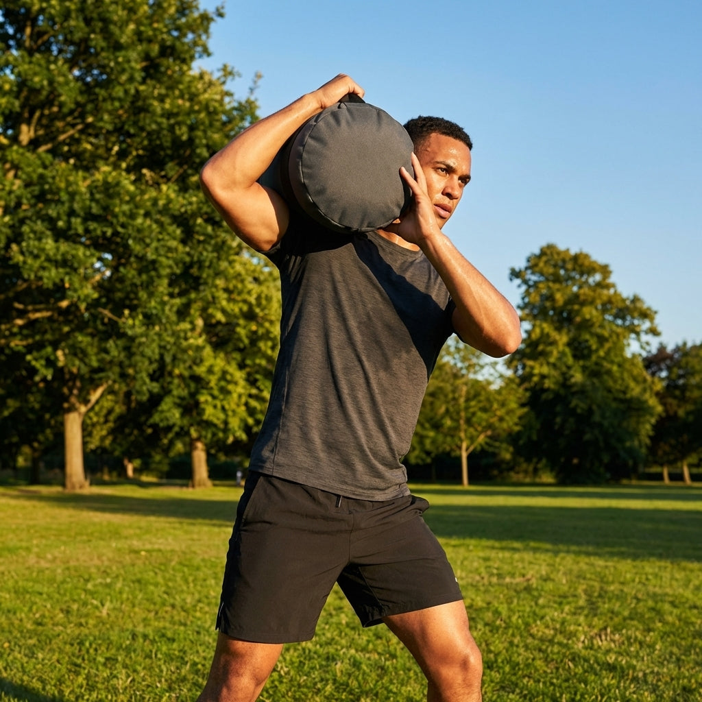 Black fitness sandbag 20kg, durable polyethylene, home gym equipment