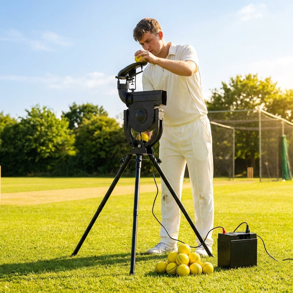 Cricket bowling machine with adjustable speed and spin for indoor and outdoor use