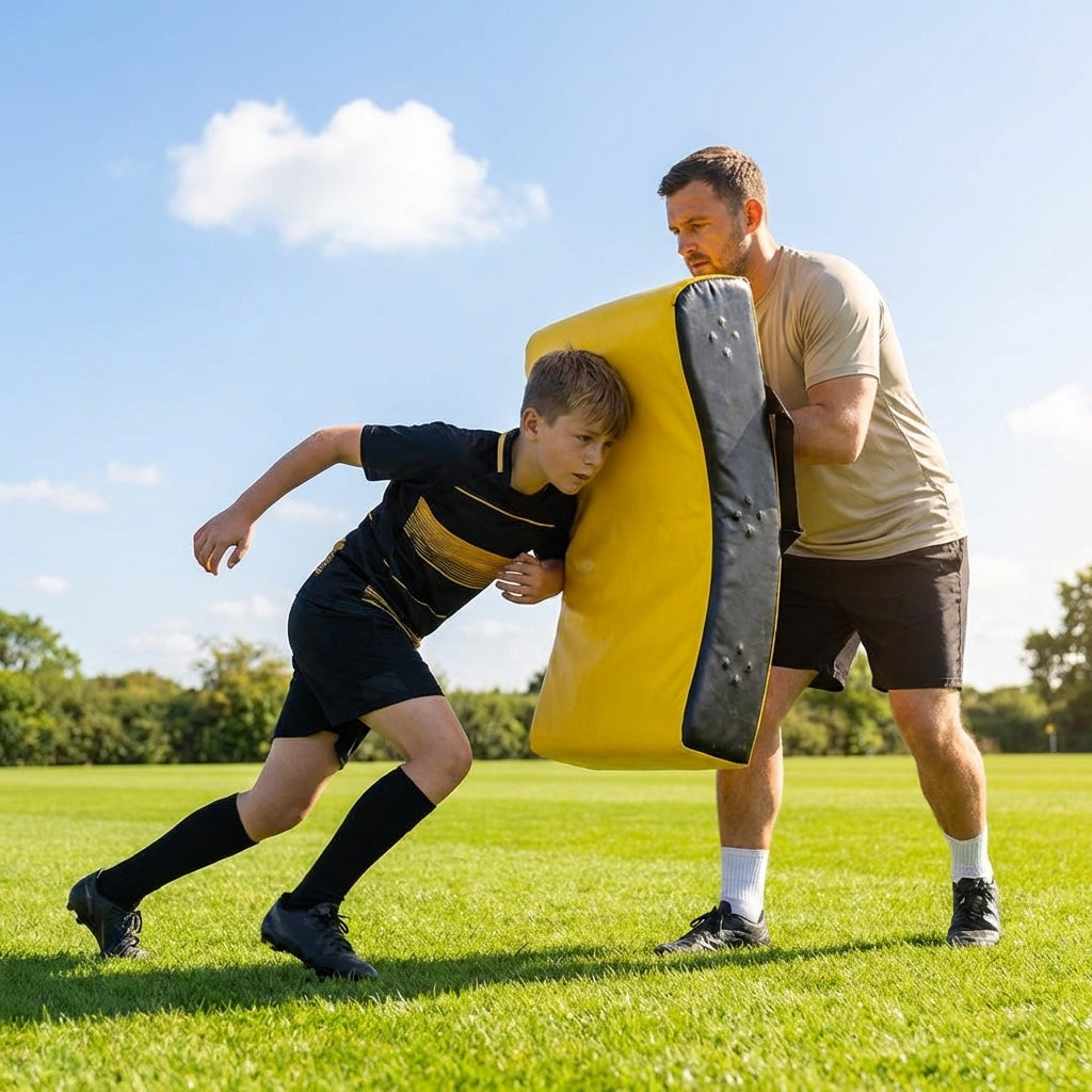Curved rugby tackle shield for effective training