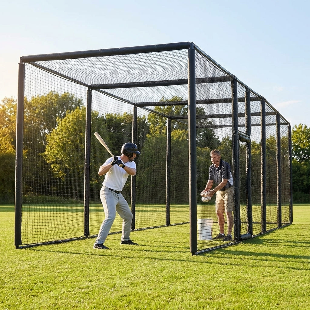 Portable baseball batting cage with galvanised steel frame