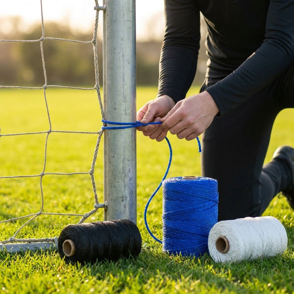 Net tie twine in black, white, and blue for outdoor sports net repair