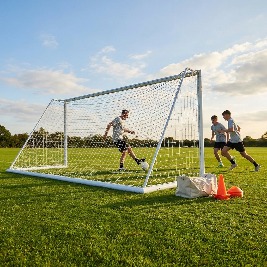Aluminium socketed football goal with reinforced frame and weatherproof net