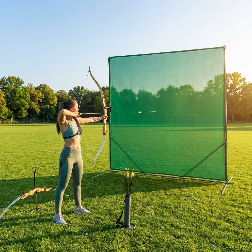 Archery netting stop system with steel frame and polyester mesh