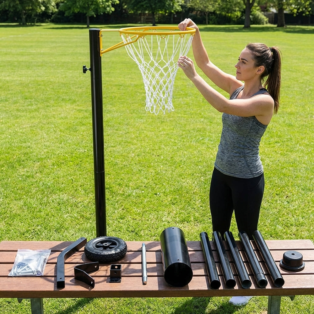 Replacement parts for netball post, including hoops, nets, and wheels