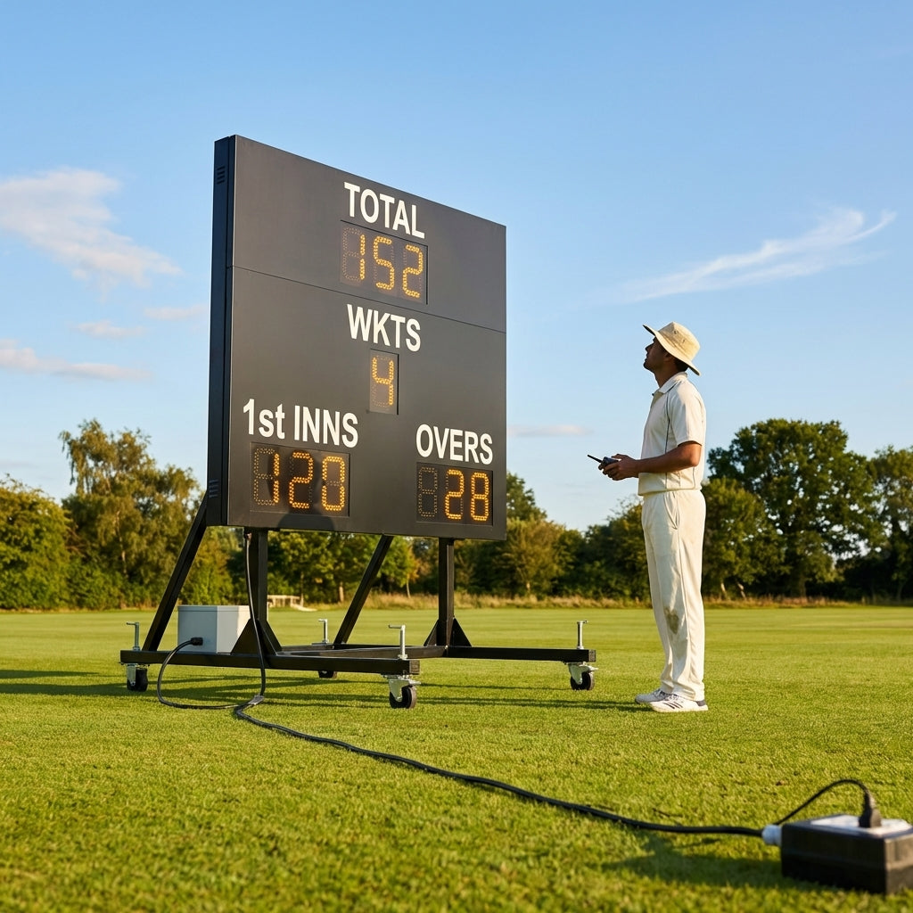 Electronic cricket scoreboard with anodised aluminium frame for schools and clubs