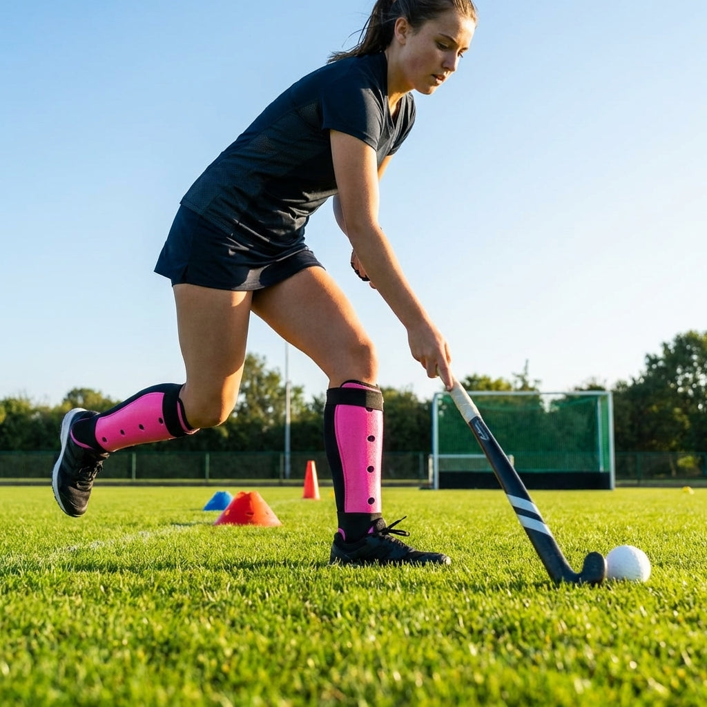 Hockey shin pads with polypropylene shell and EVA foam lining for field protection