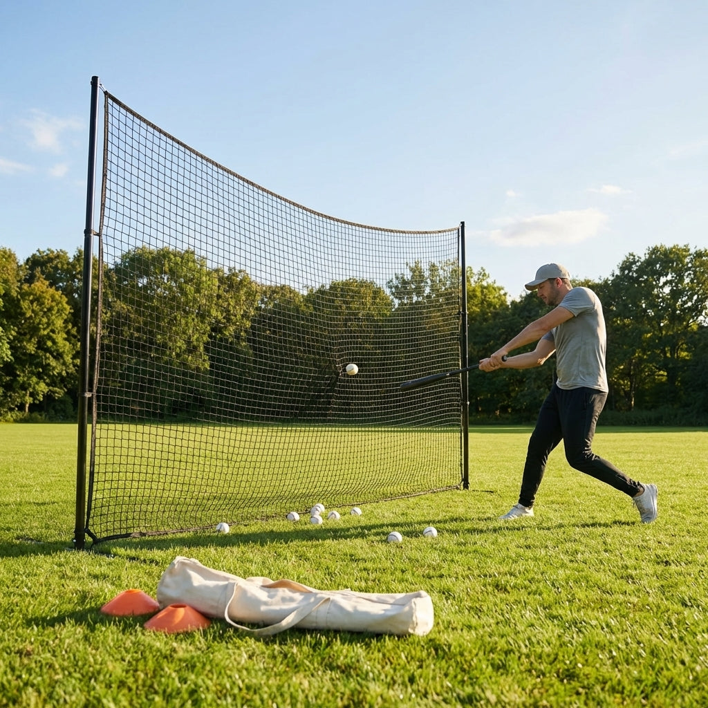 Ball stop netting system with steel posts and HDPP netting