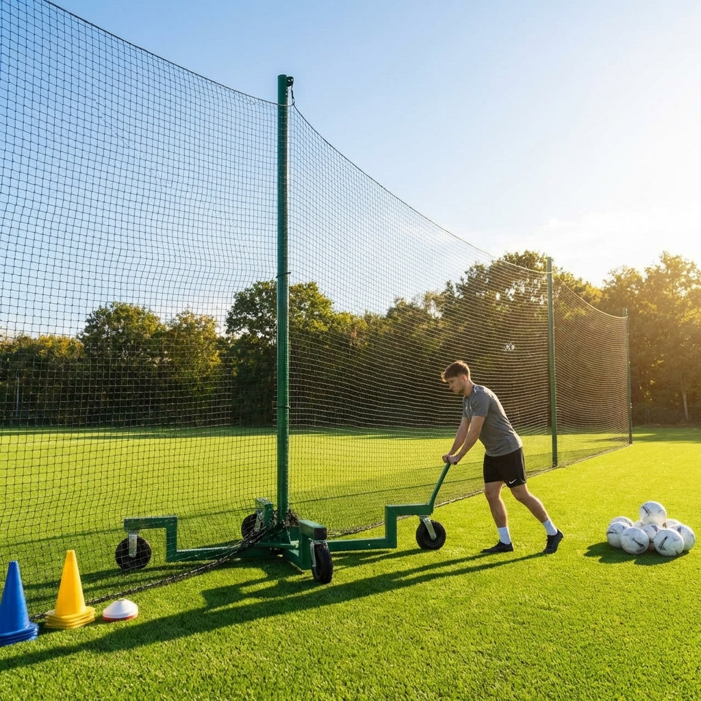 Mobile ball stop netting system with aluminium and steel components for sports grounds