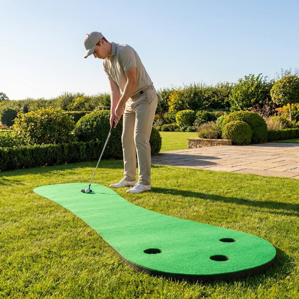 Golf putting mat with non-crease polyester surface for indoor and outdoor use