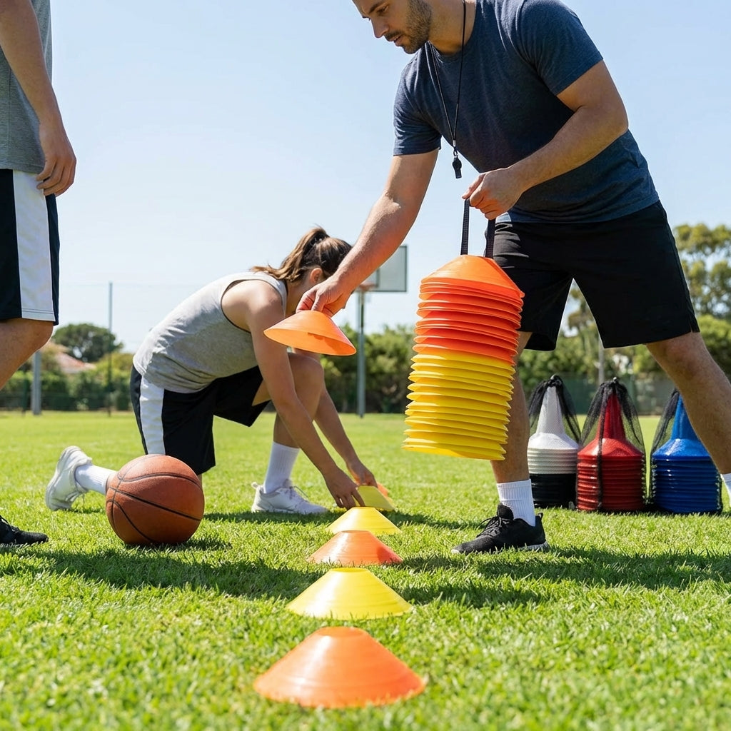 Multi-coloured basketball training marker cones