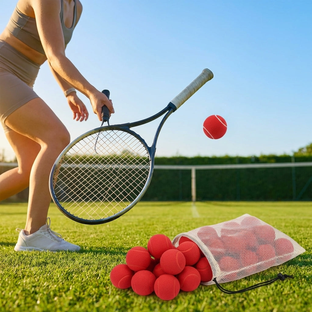 Yellow foam mini tennis balls on a tennis court