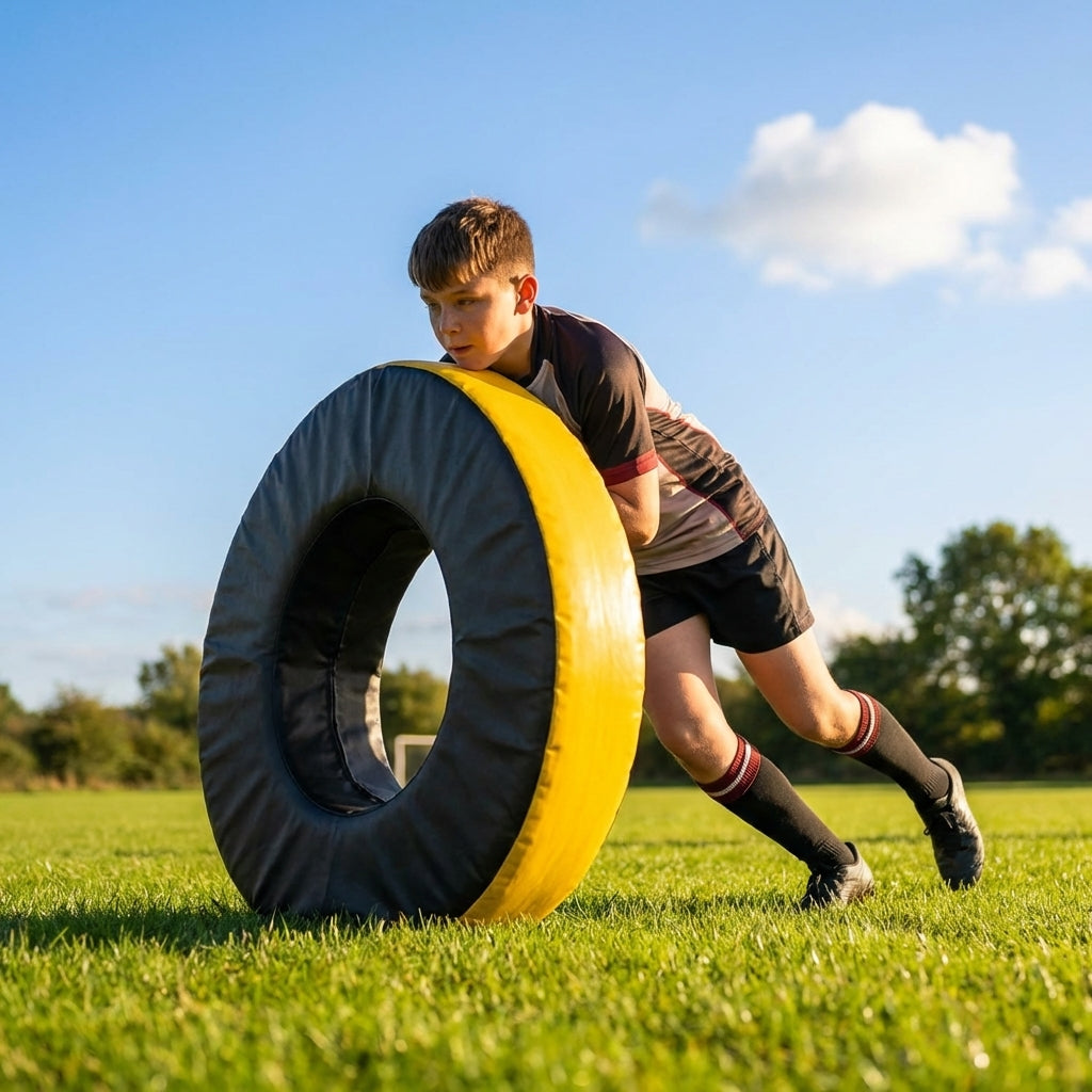 Adjustable tackle ring for rugby training in yellow and black