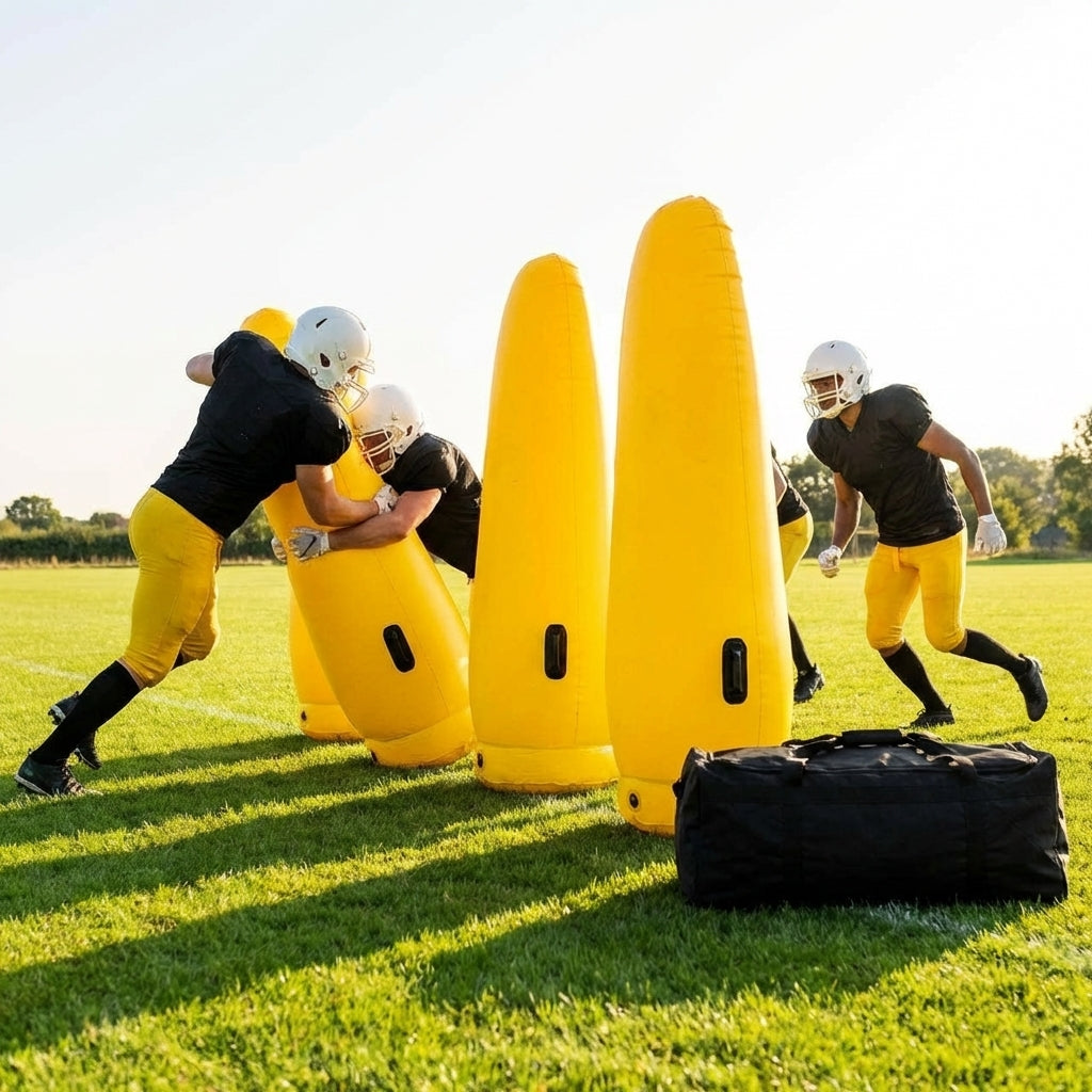High-visibility American football training dummies in yellow PVC