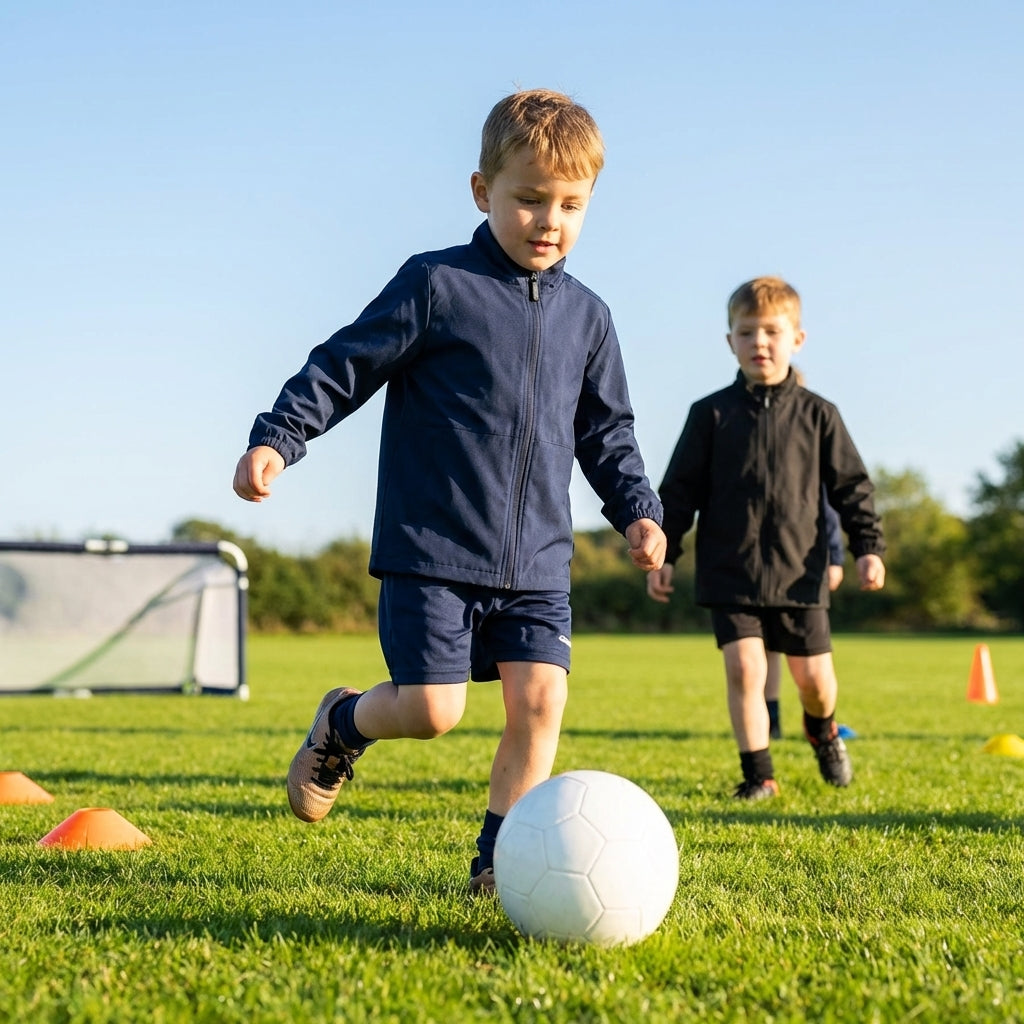 Kids' windbreaker jacket in black and navy for outdoor and sports use