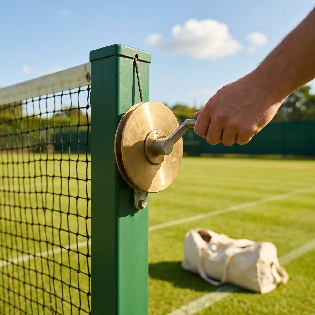 Brass tennis post winder mechanism for indoor and outdoor use