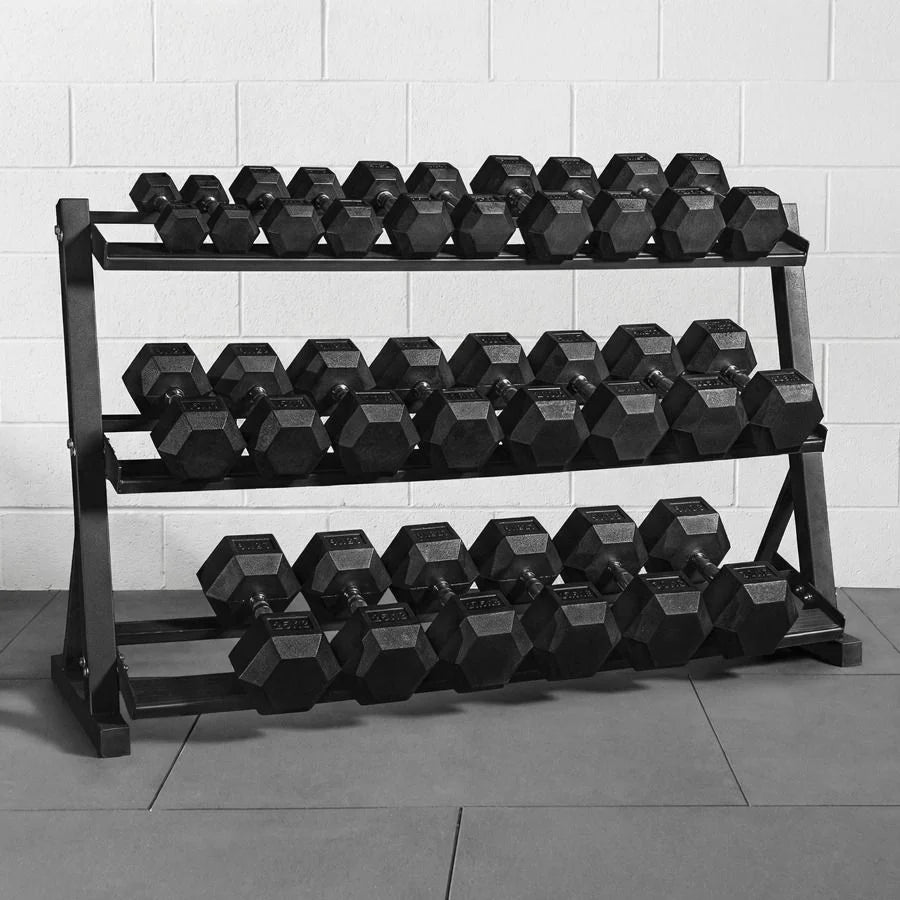 Hex dumbbells with rubber ends and chrome handles