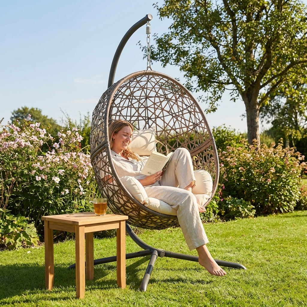 Hanging egg swing chair with steel frame and rattan design