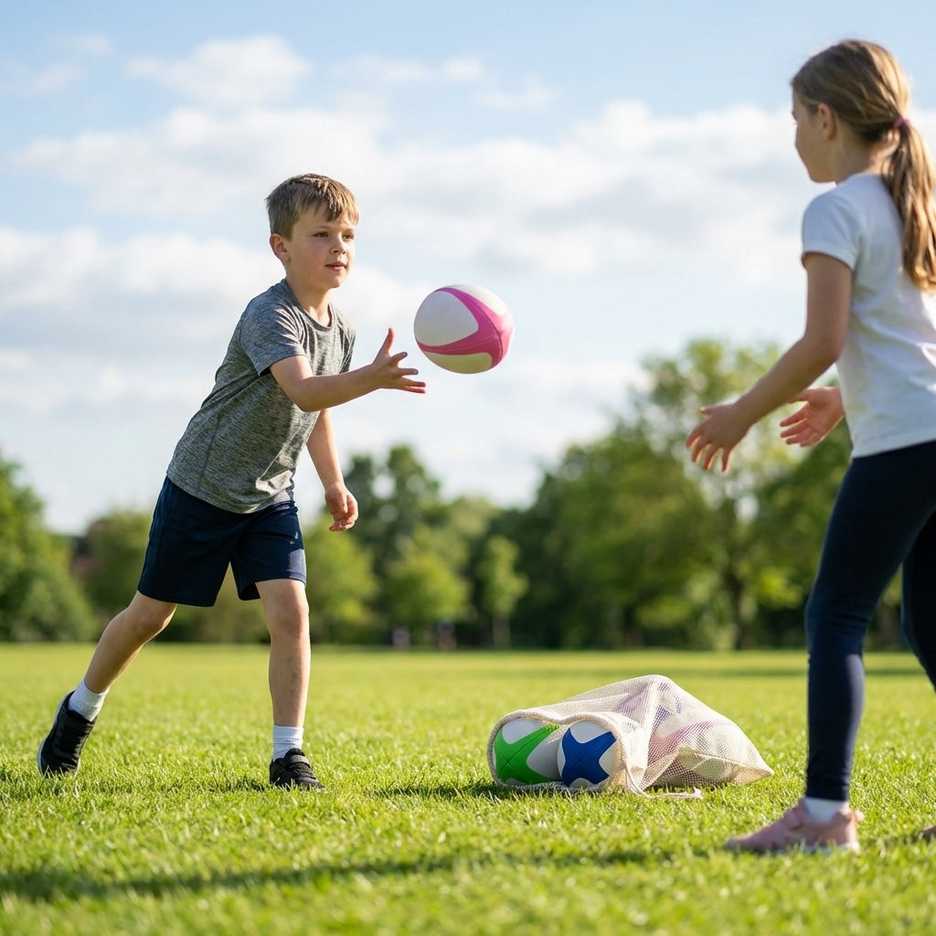 Mini Rugby Balls in Size 2, perfect for junior training, available in Blue, Green, and Pink