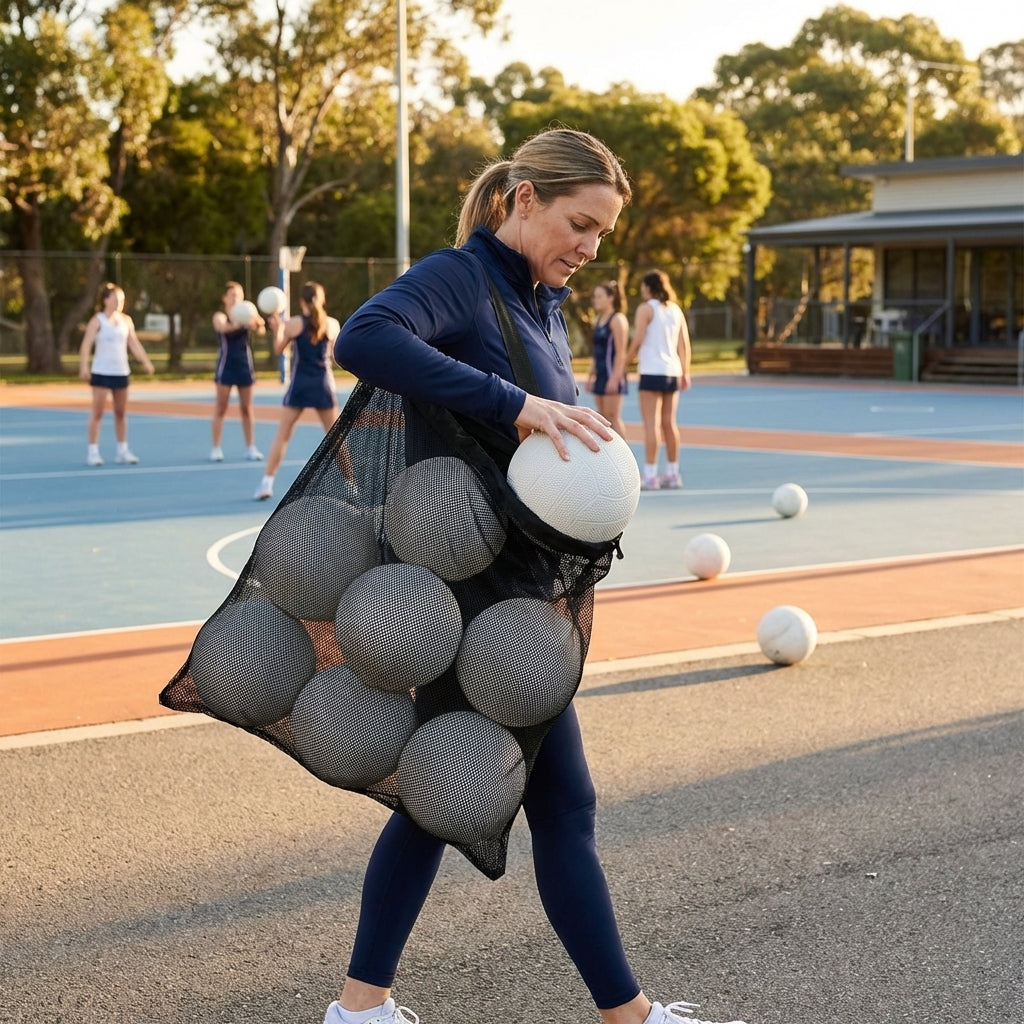 Netball carry bag with 12 netballs, mesh design for easy transport