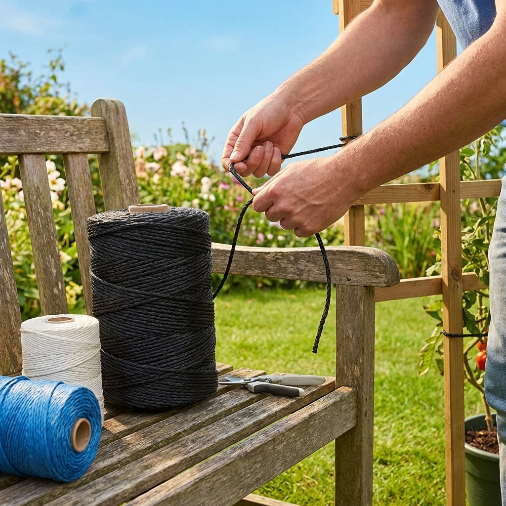 Synthetic twine roll in black, white, and blue for DIY and craft use
