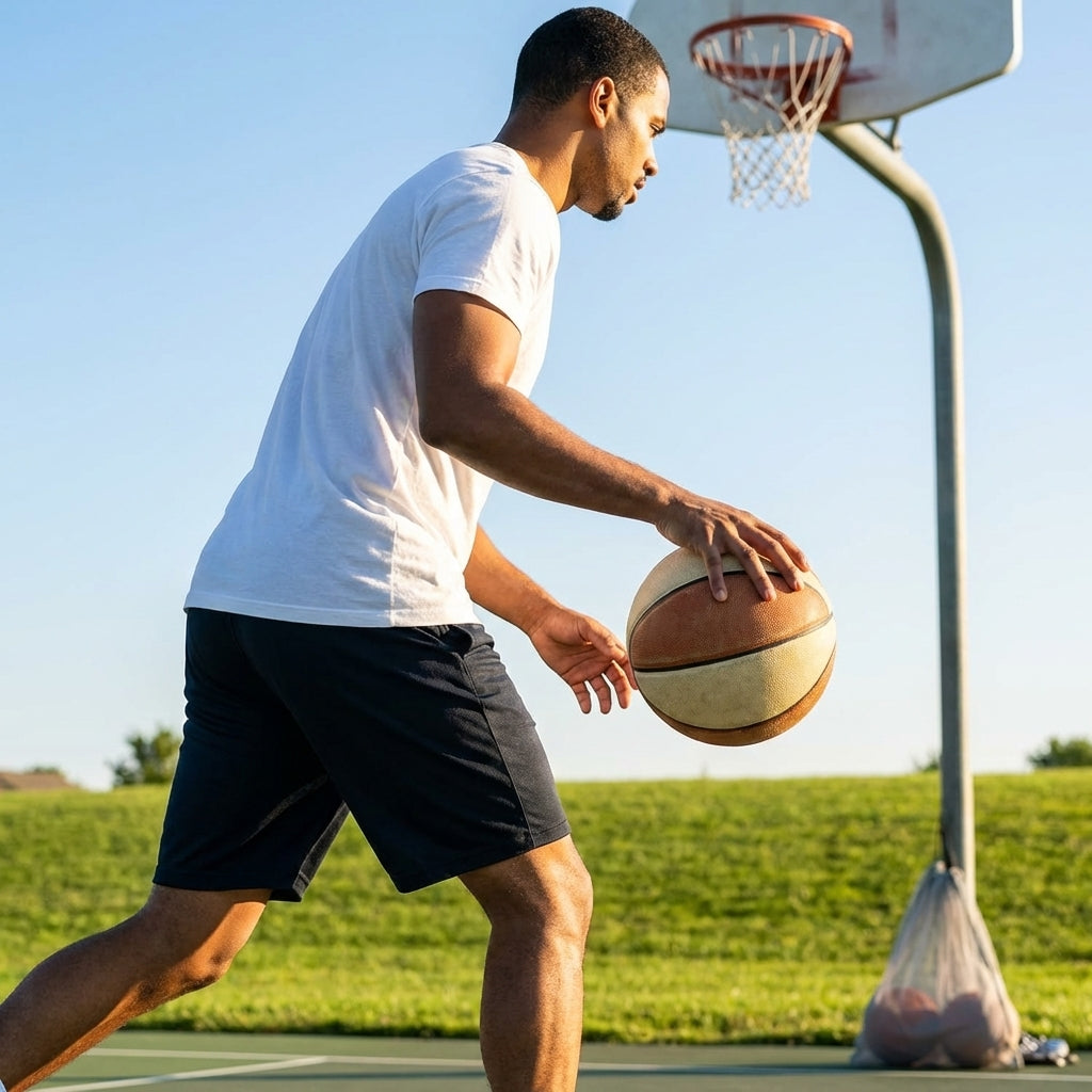 Basketball made of microfibre leather suitable for indoor and outdoor use