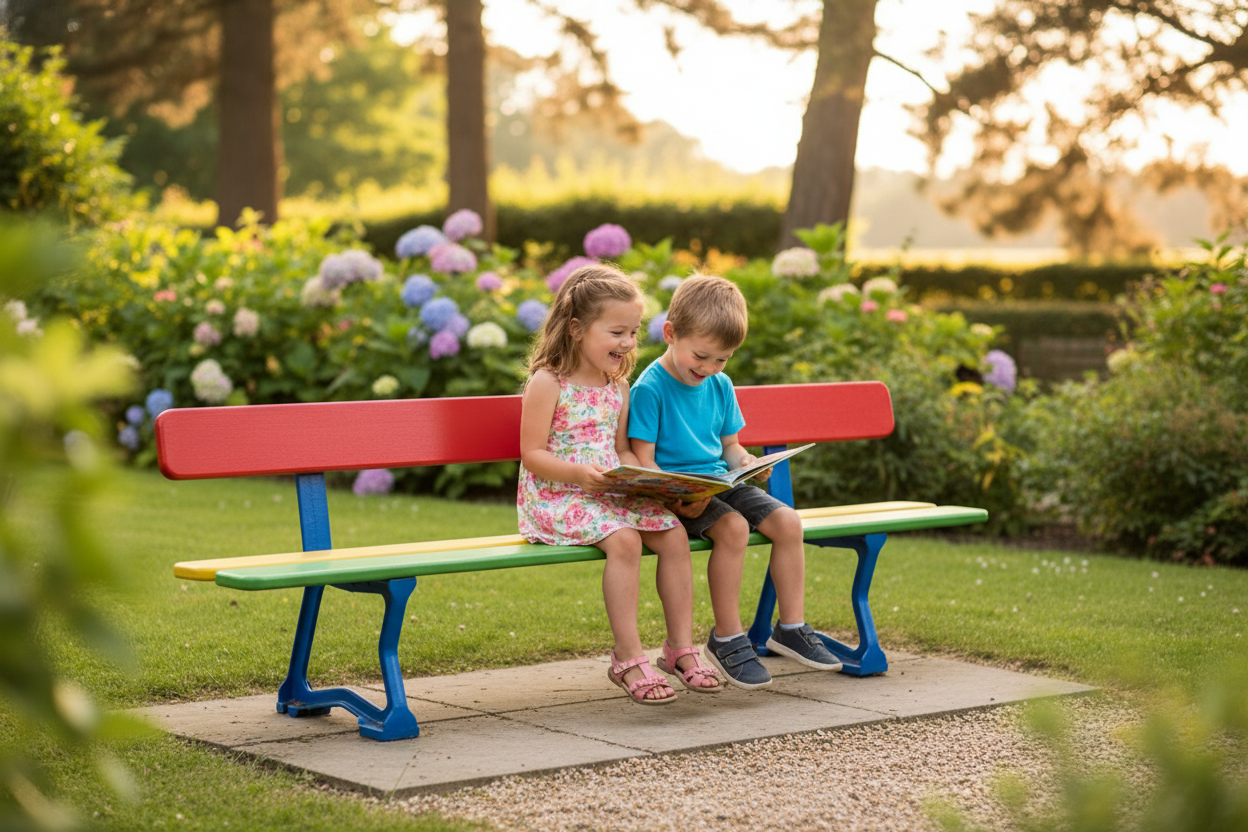 Premium Junior Bench 1.5m for Nursery School - Durable Steel and Hardwood Construction with Vibrant Colors | britanniasafety.uk
