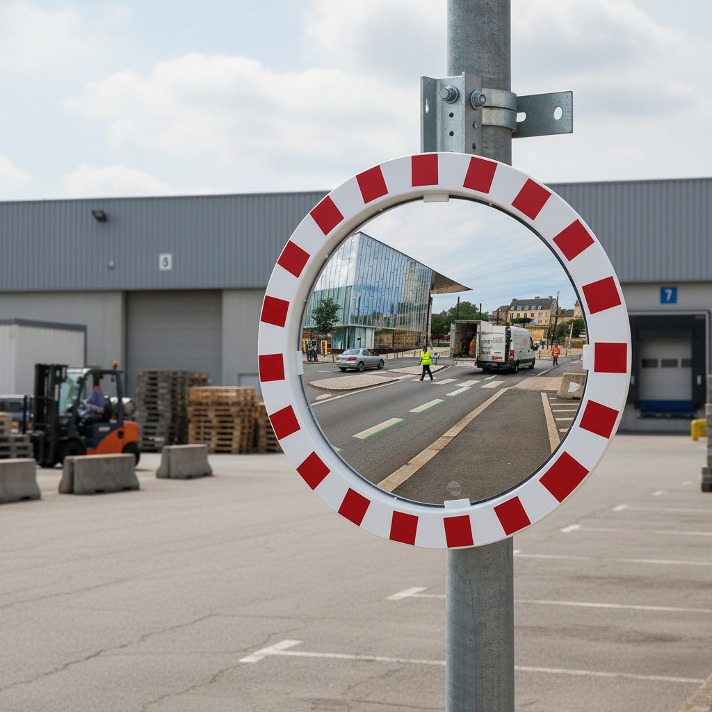 Premium High-Performance Traffic Mirror with Red and White Frame for Enhanced Visibility and Safety at... | britanniasafety.uk