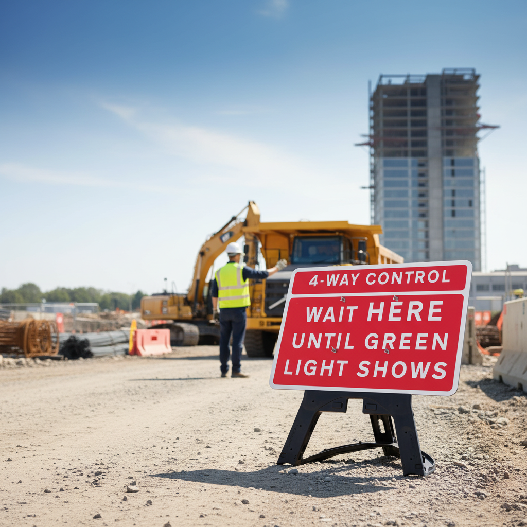 Heavy Duty 4-Way Control Traffic Sign with Durable Plastic Frame and Reflective Face - 1050x750mm for Effective Traffic Management