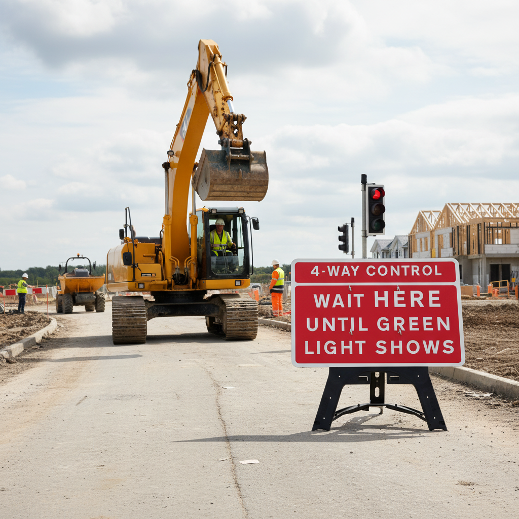 Heavy Duty 4-Way Control Traffic Sign with Durable Plastic Frame and Reflective Face - 1050x750mm for Effective Traffic Management