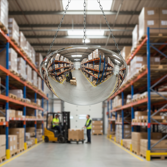 Professional Full Dome Security Mirror for 360-Degree Visibility in Warehouse Intersections - side view | britanniasafety.uk