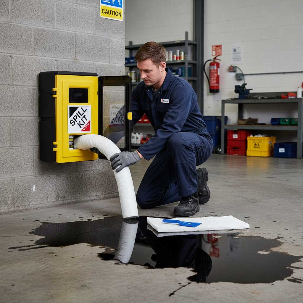 Heavy Duty 50L Spill Kit in Wall Cabinet for Rapid Response to Oil & Fuel Leaks with Absorbent Socks and Pads